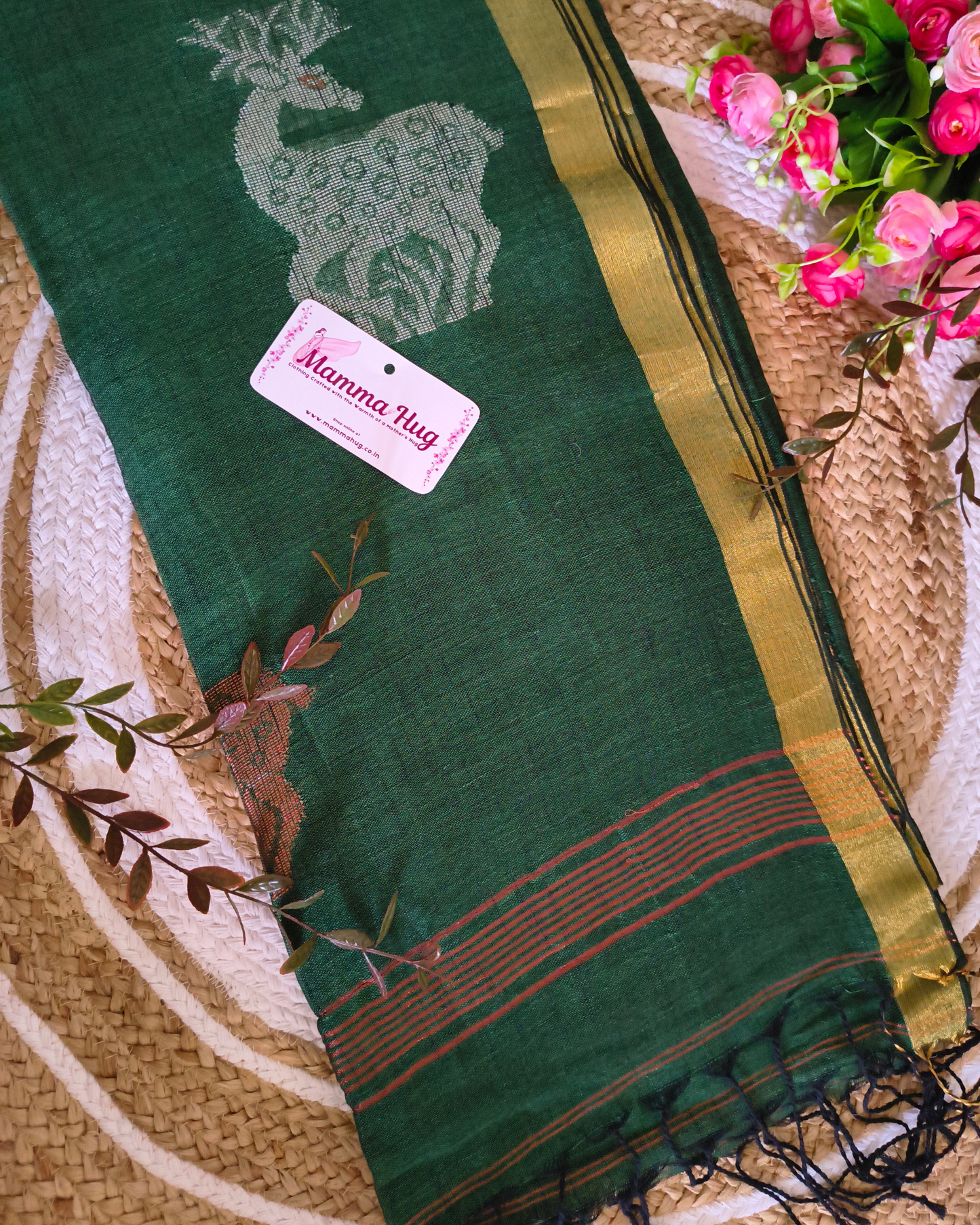 Premium Linen By Linen Handloom Saree - Bottle Green