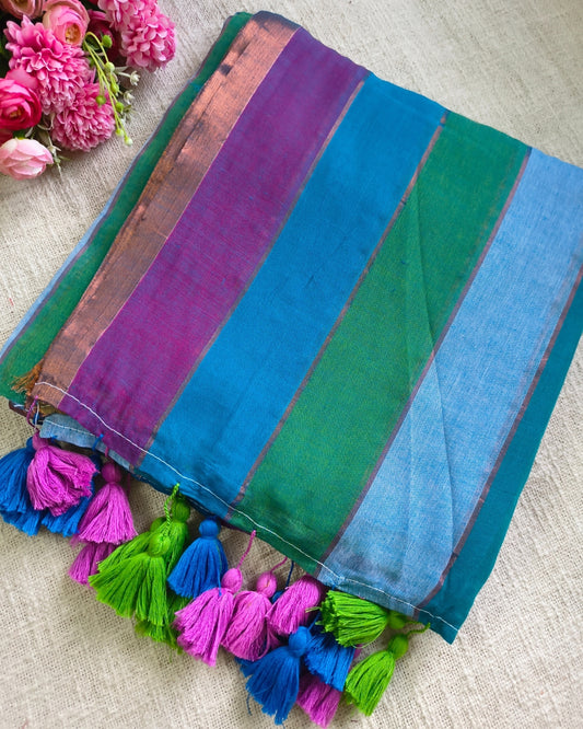 Premium Rainbow Mul Cotton Handloom Saree with Beautiful tassels - Blue