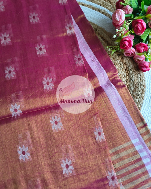 Handloom Cotton Tissue Saree with Machine Embroidery Design - Dark Pink