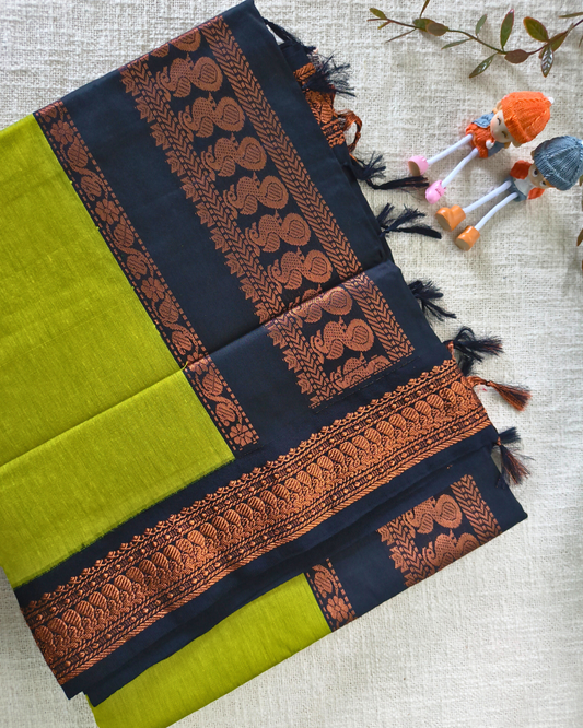 Premium Kalyani Cotton Plain Saree with Zari Border - Parrot Green with Black