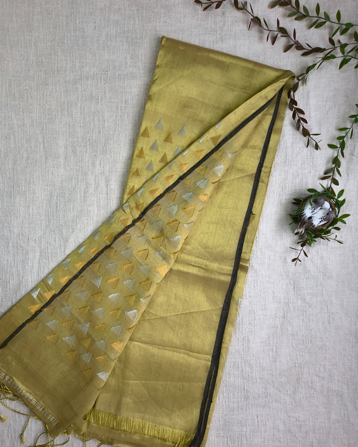 Linen Tissue Saree with Golden Silver Zari weaving - Yellow Gold