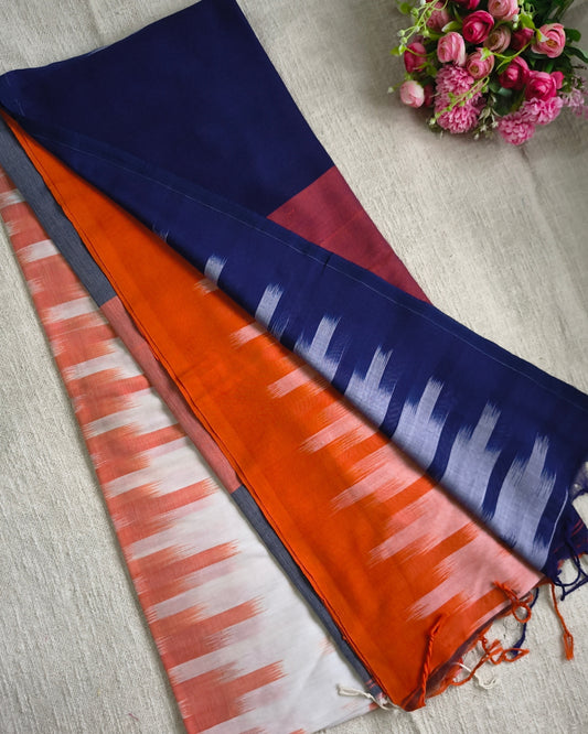 Pure Cottom Handloom Saree - Ikkat Geometry - Orange & Blue