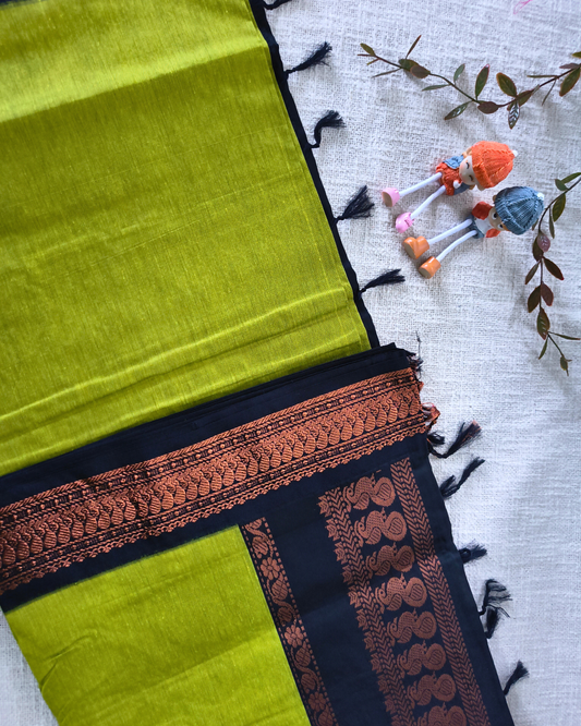Premium Kalyani Cotton Plain Saree with Zari Border - Parrot Green with Black