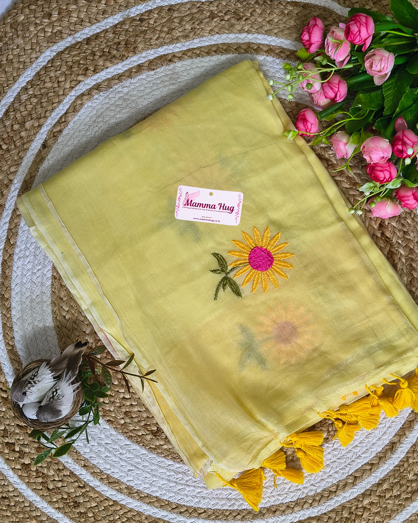 Mul Cottom Handloom Saree Flower Embroidery - Yellow