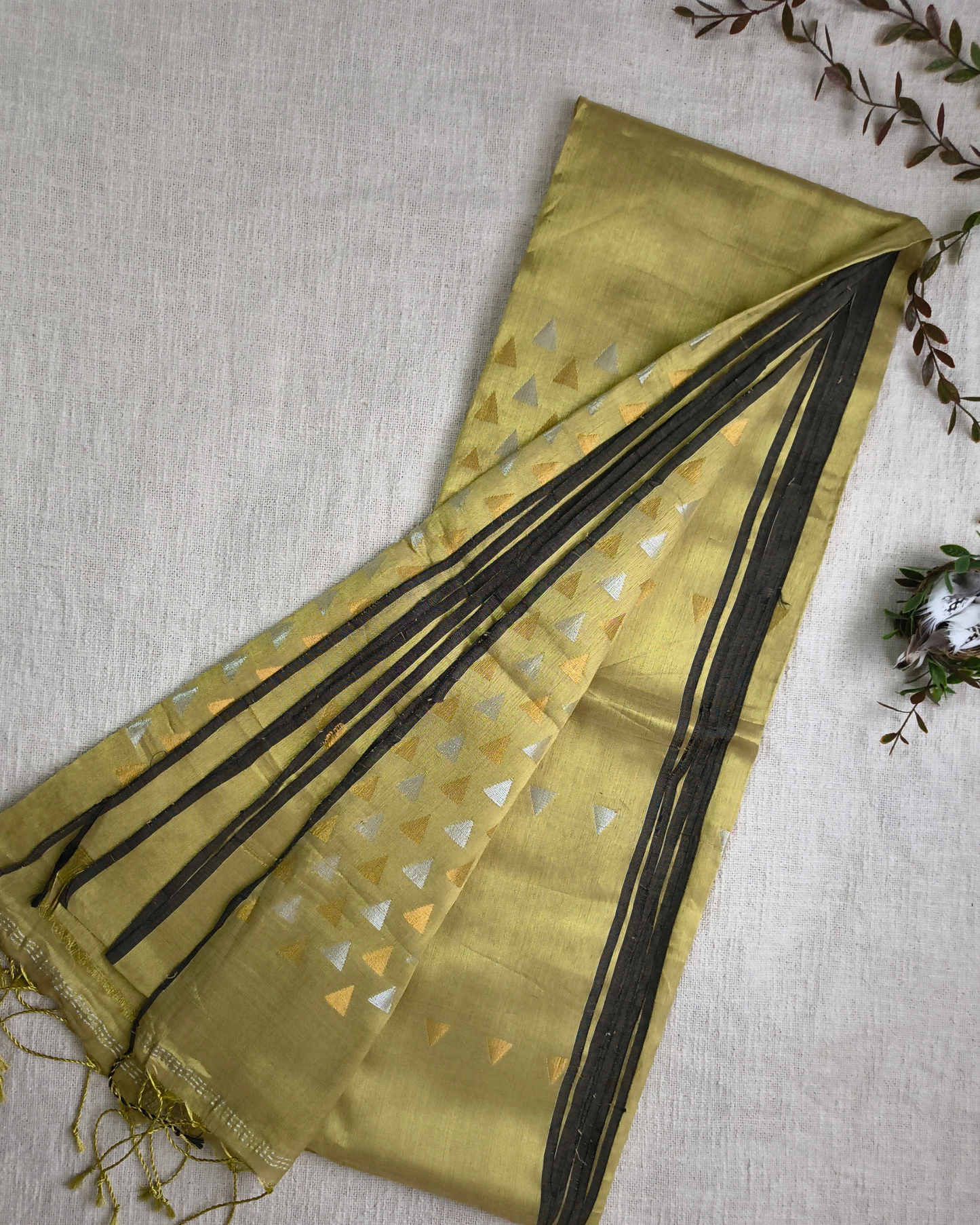 Linen Tissue Saree with Golden Silver Zari weaving - Yellow Gold