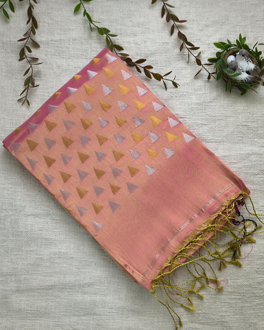 Linen Tissue Saree with Golden Silver Zari weaving - Rose Gold