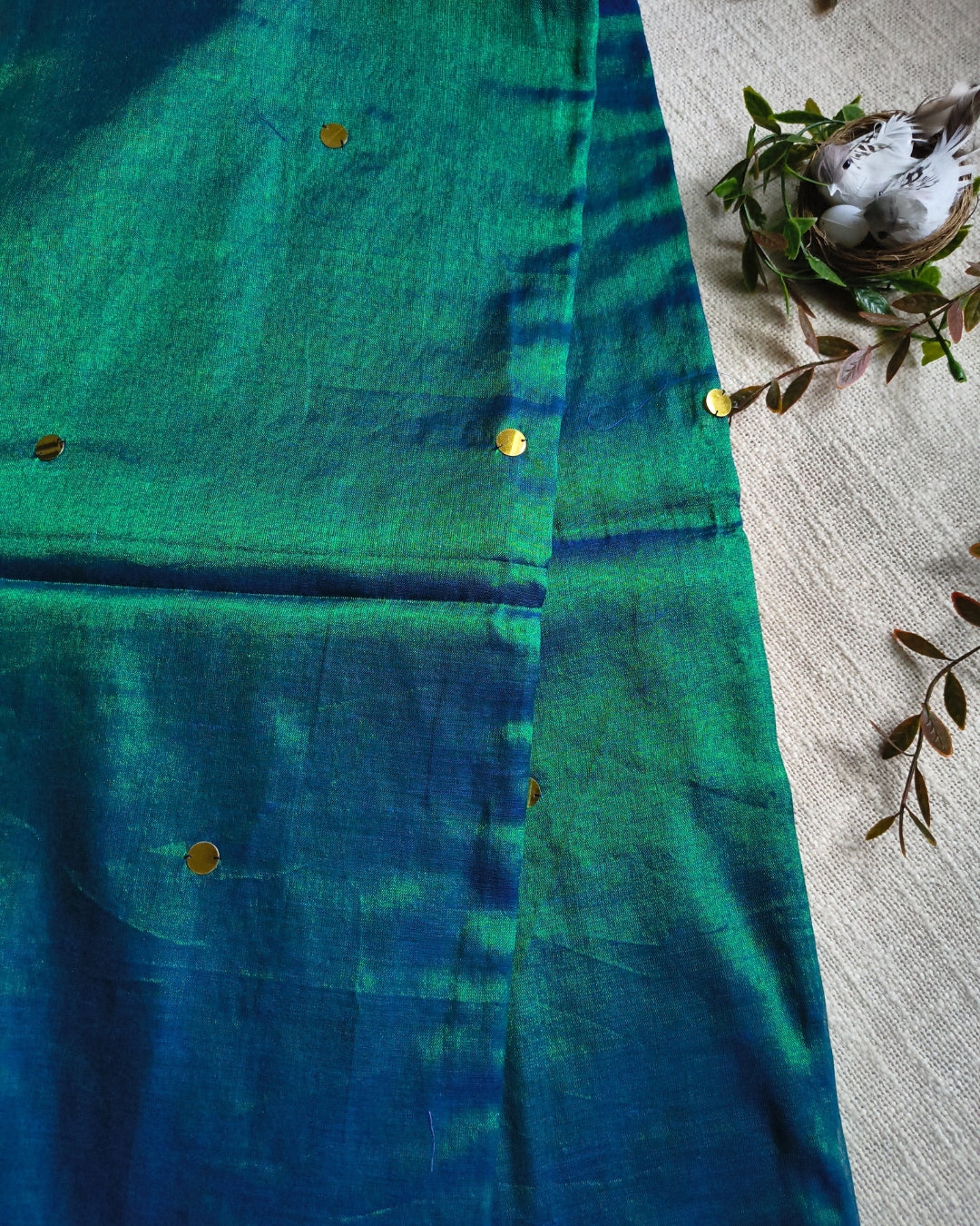 Pure Khadi Tissue Saree with Coin design - Peacock