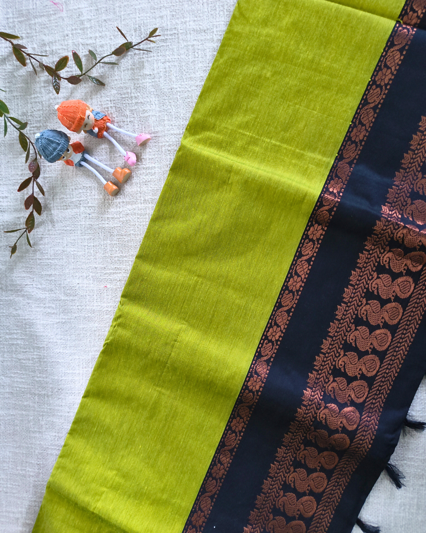 Premium Kalyani Cotton Plain Saree with Zari Border - Parrot Green with Black