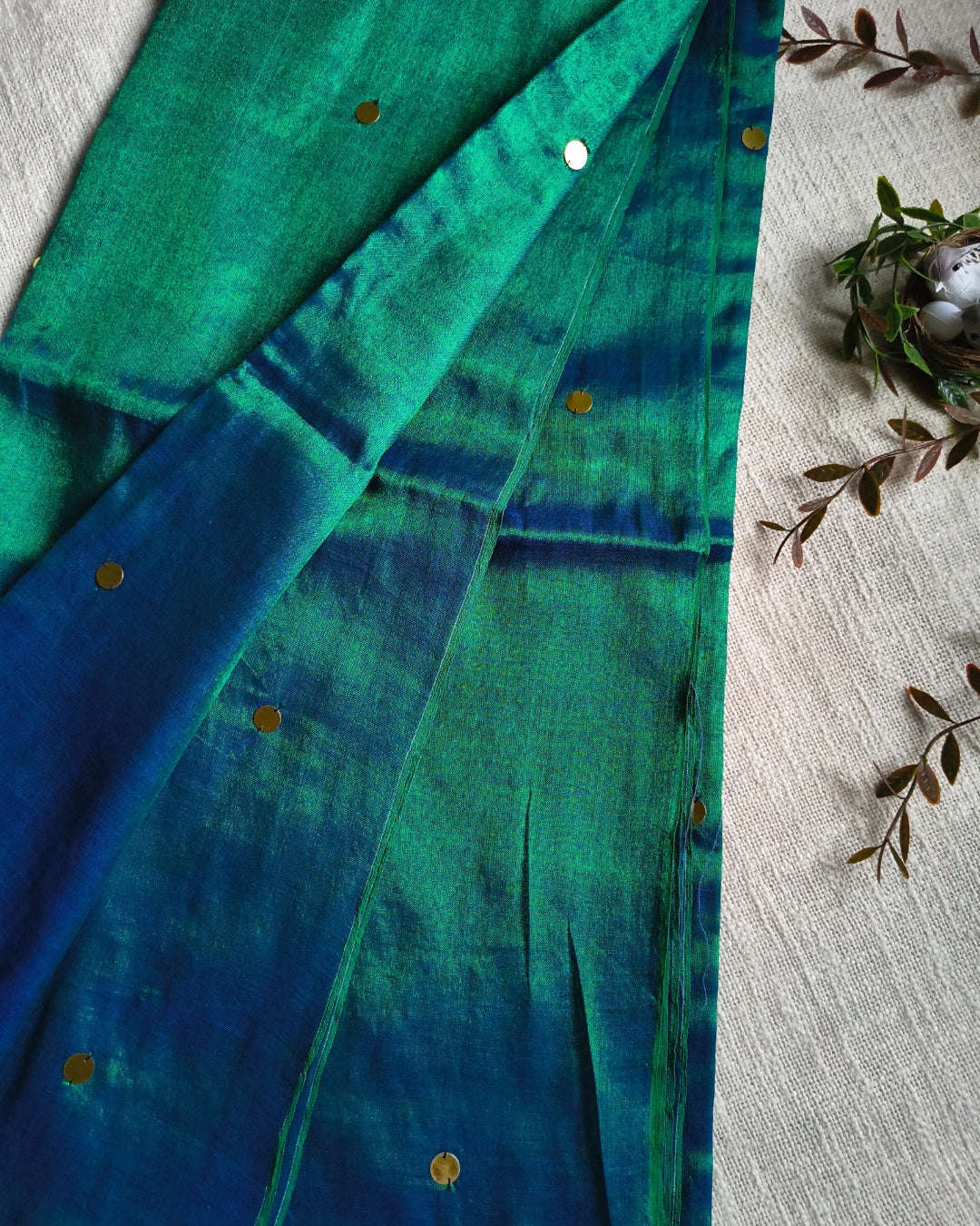 Pure Khadi Tissue Saree with Coin design - Peacock
