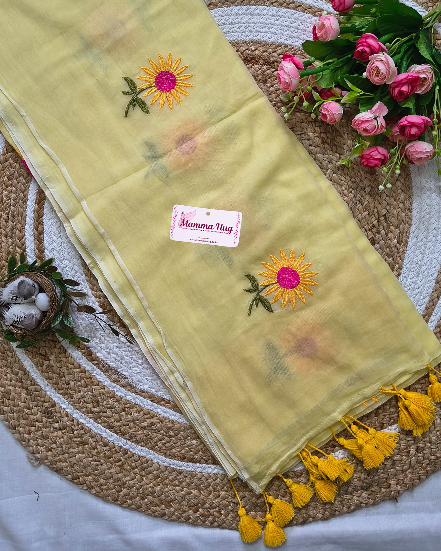 Mul Cottom Handloom Saree Flower Embroidery - Yellow