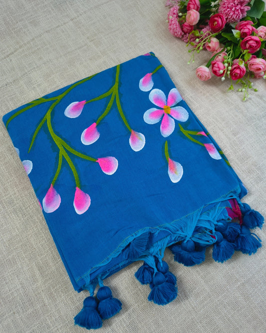 Soft Cotton Handloom Saree with Hand-Painted Floral Design - Vivid Blue