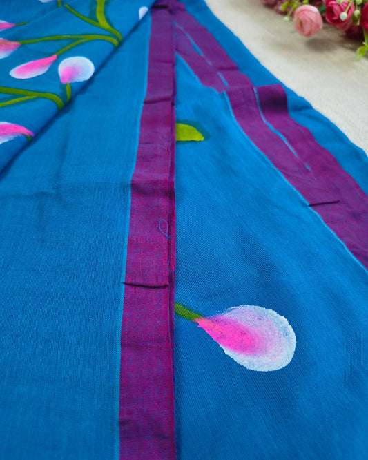 Soft Cotton Handloom Saree with Hand-Painted Floral Design - Vivid Blue