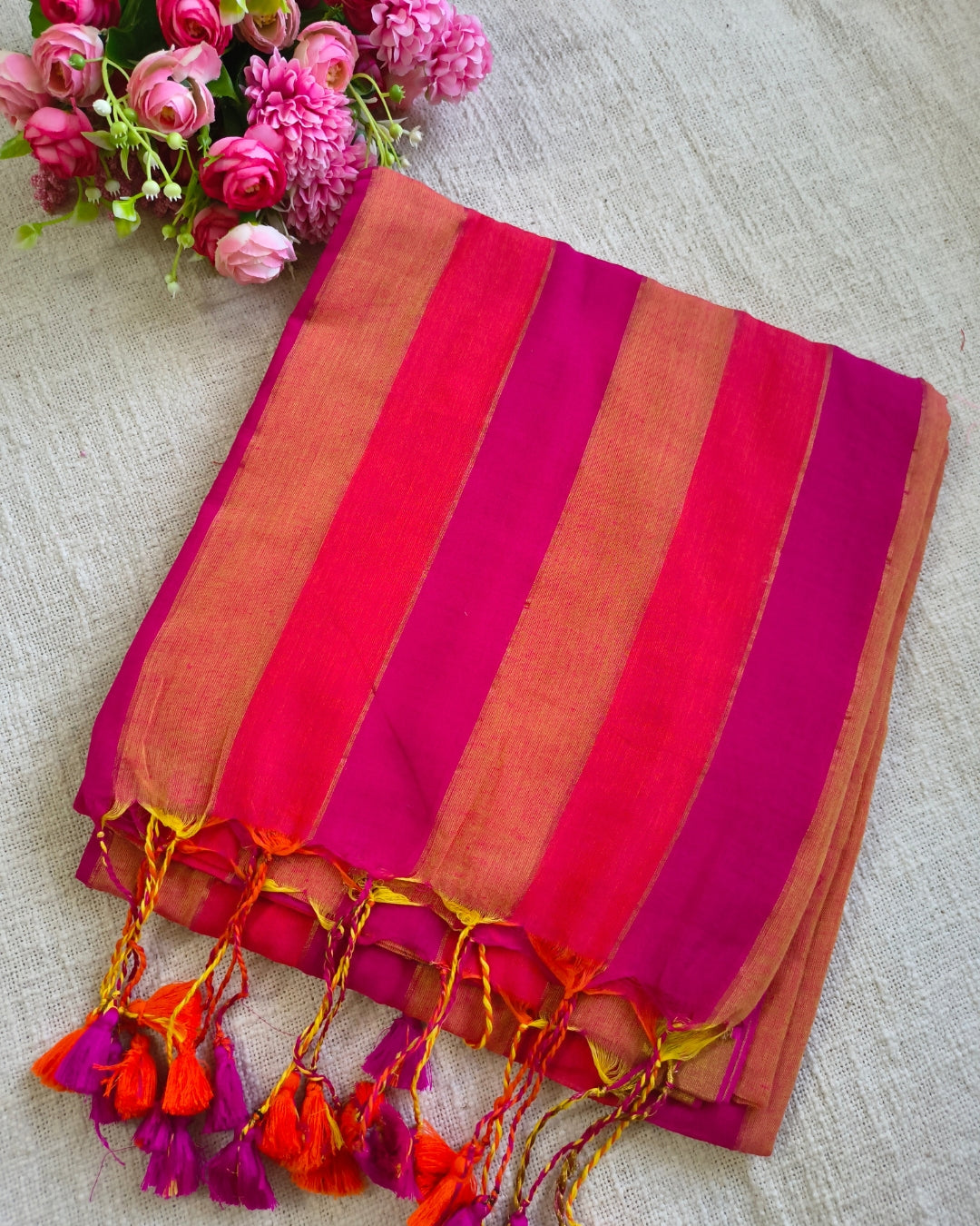 Premium Rainbow Mul Cotton Handloom Saree with Beautiful tassels - Red