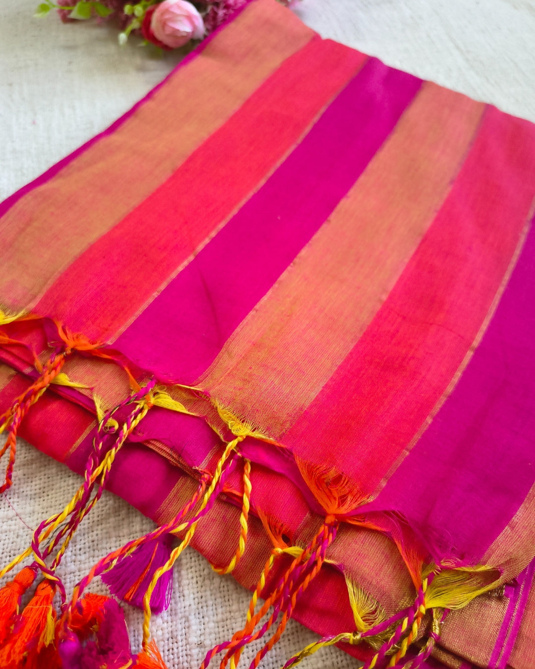 Premium Rainbow Mul Cotton Handloom Saree with Beautiful tassels - Red