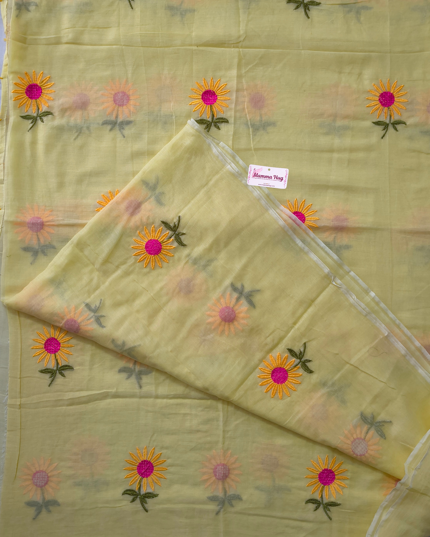 Mul Cottom Handloom Saree Flower Embroidery - Yellow