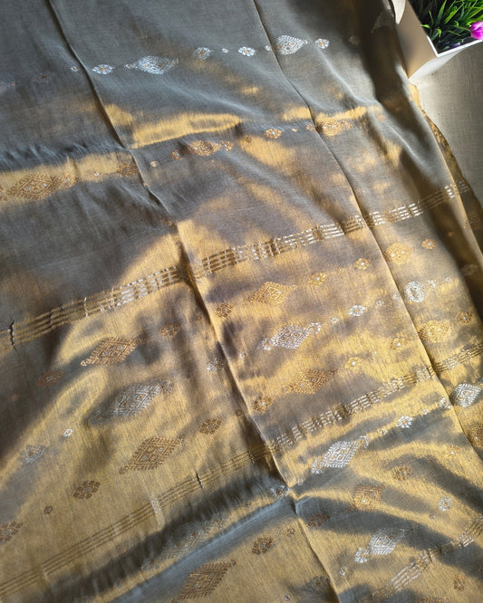Soft Linen Tissue Saree with Golden Silver Zari weaving-Golden Silver MammaHug