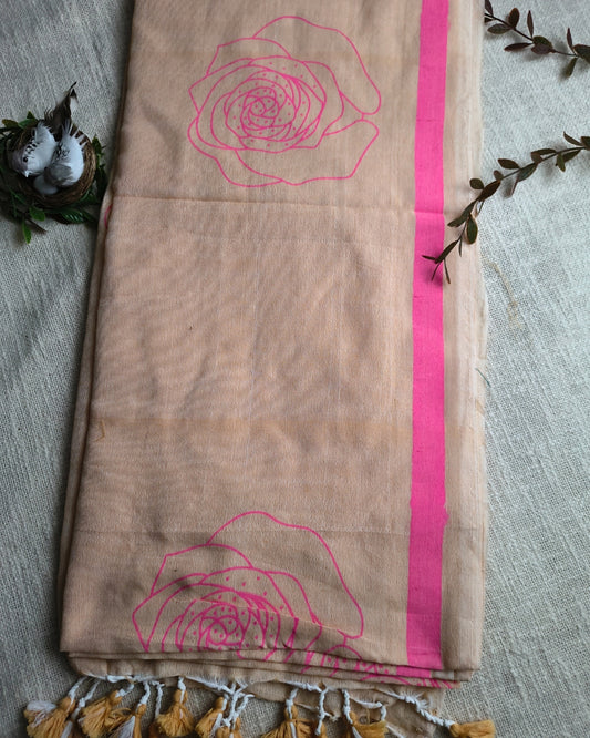 Khadi Cotton Handloom Saree with Printed Floral Design - Beige