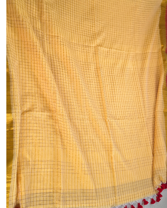 Mul Cottom Zari Checks Handloom Saree with contrast border - Yellow