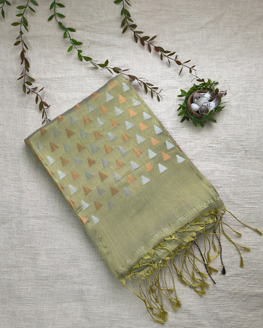 Linen Tissue Saree with Golden Silver Zari weaving - Golden Sage