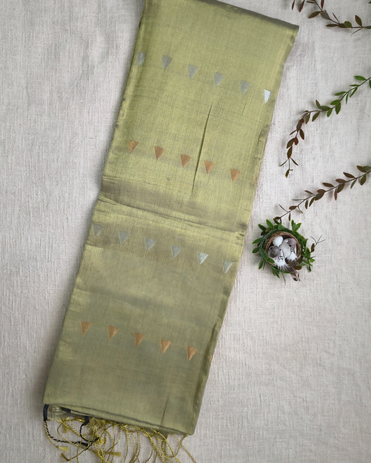 Linen Tissue Saree with Golden Silver Zari weaving - Golden Sage