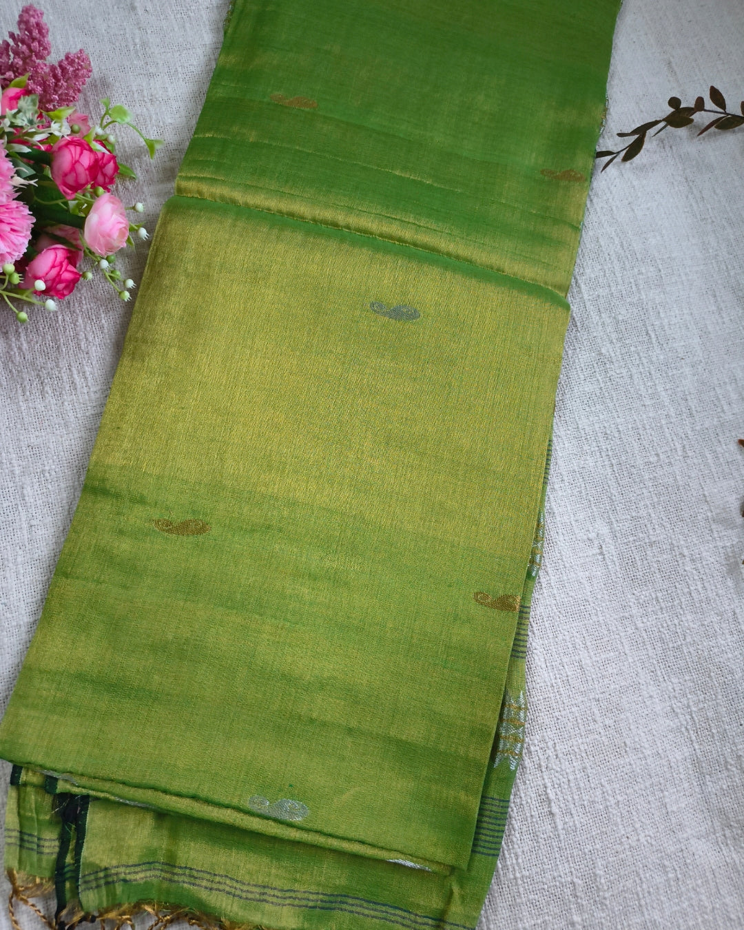 Soft Linen Tissue Saree with Golden Silver Zari weaving - Parrot Green