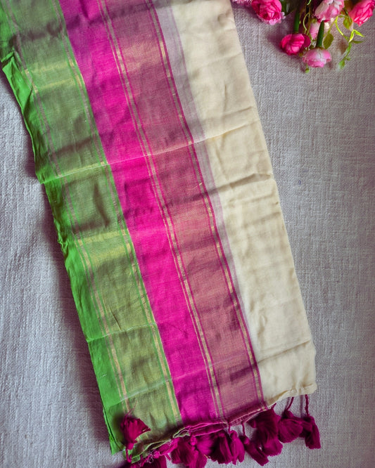 Mul Cotton Handloom Saree - Double Border - Pink & Green
