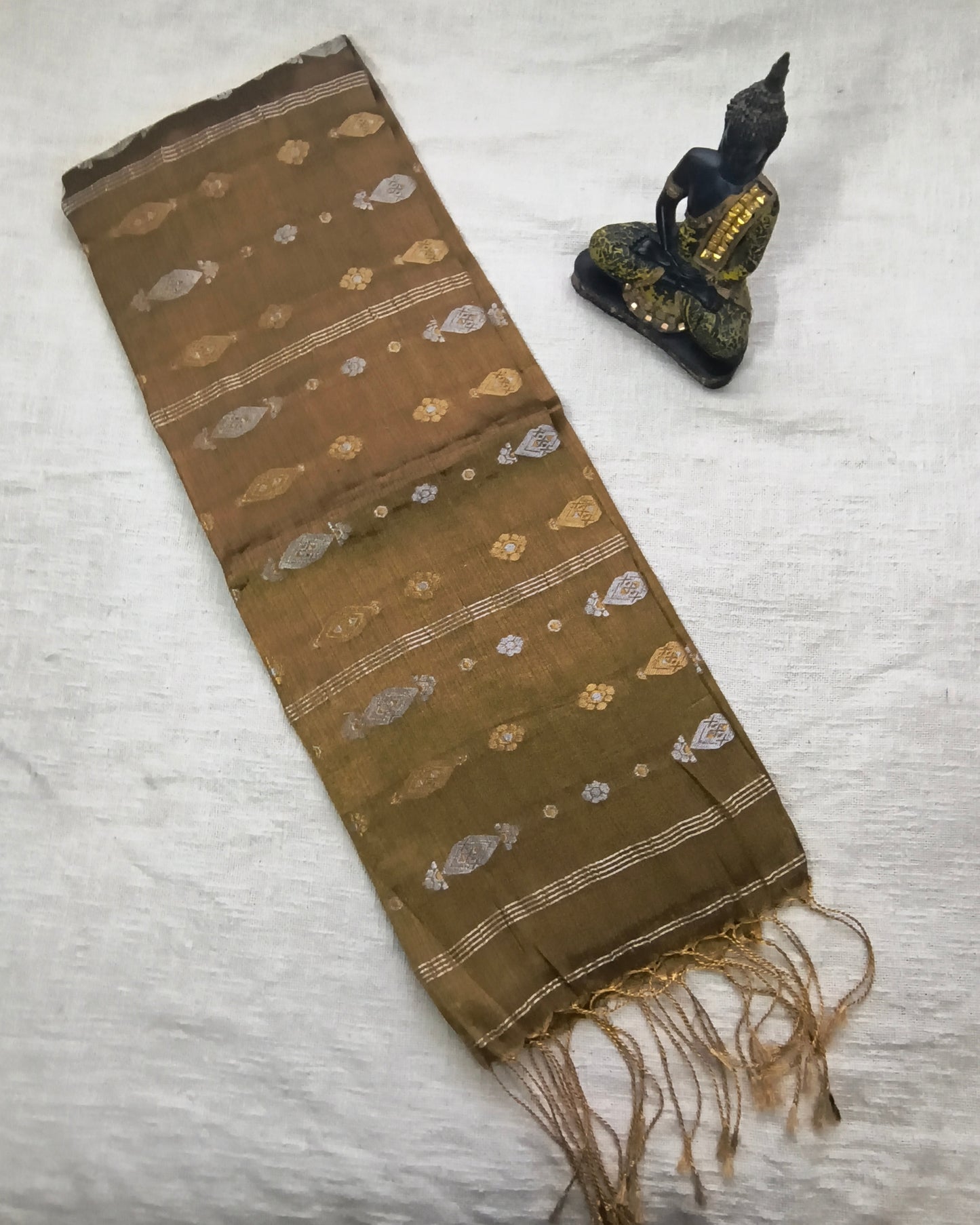 Soft Linen Tissue Saree with Golden Silver Zari weaving - Golden Brown
