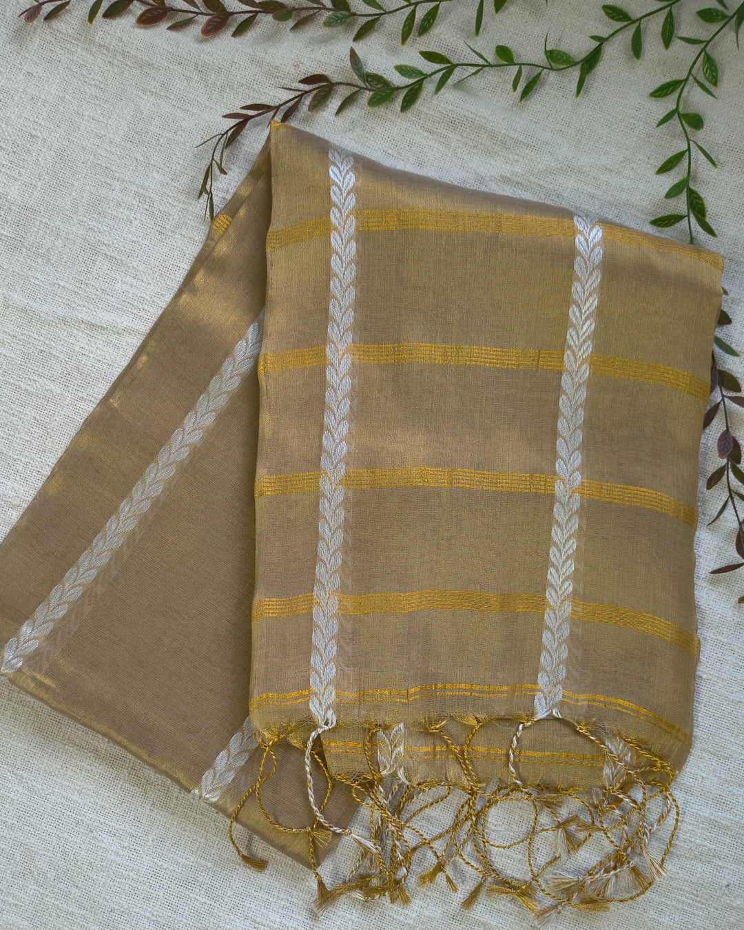Soft Linen Tissue Saree with Golden Zari weaving - Golden