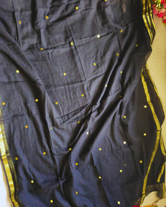Mul Cotton Handloom Saree with Coin Design - Black MammaHug