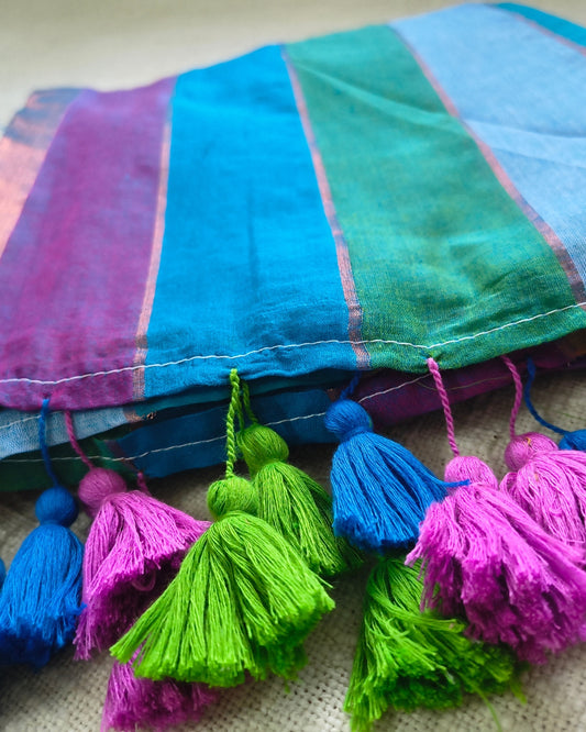 Premium Rainbow Mul Cotton Handloom Saree with Beautiful tassels - Blue