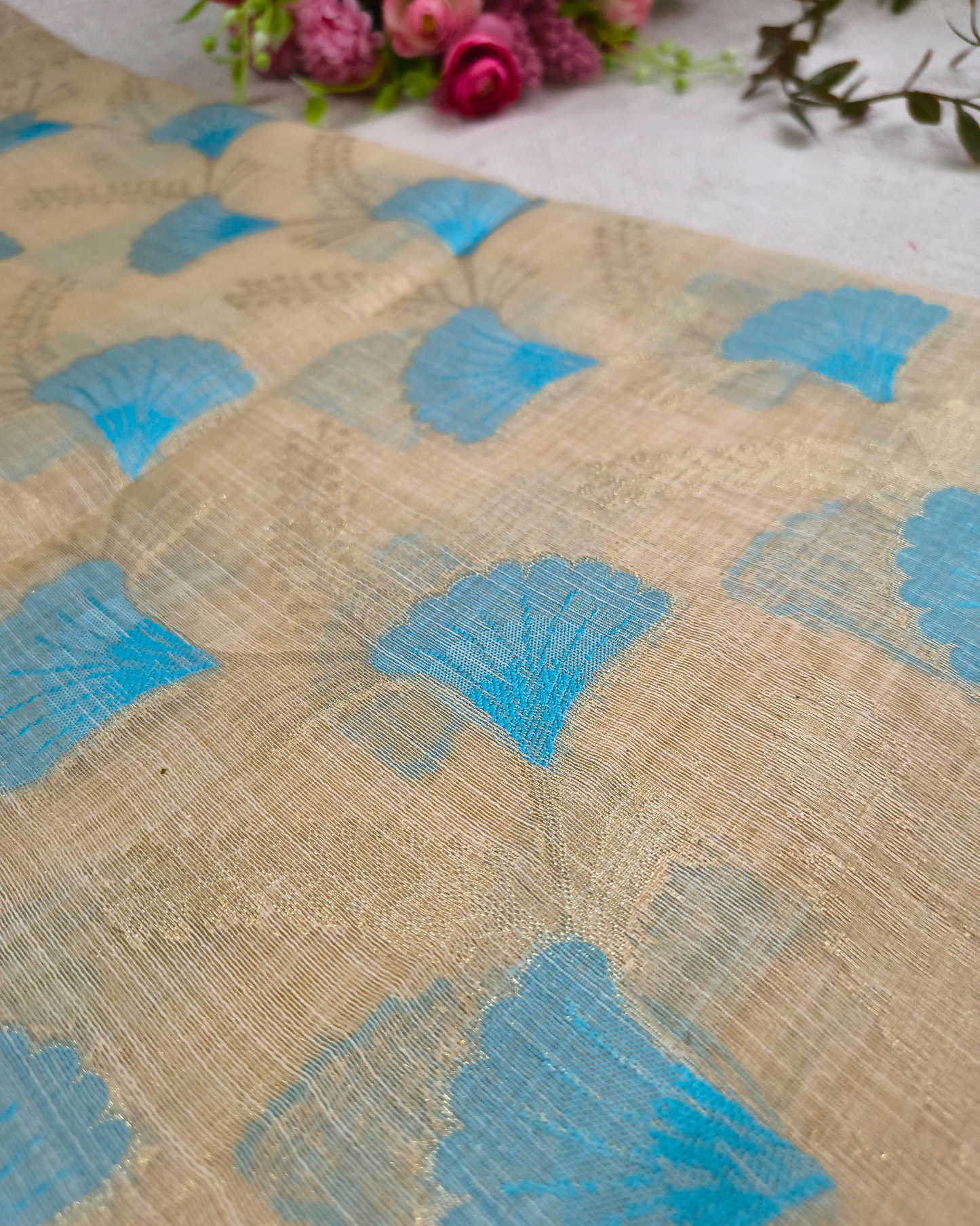 Semi Silk Saree with floral deisgn - Beige & Blue