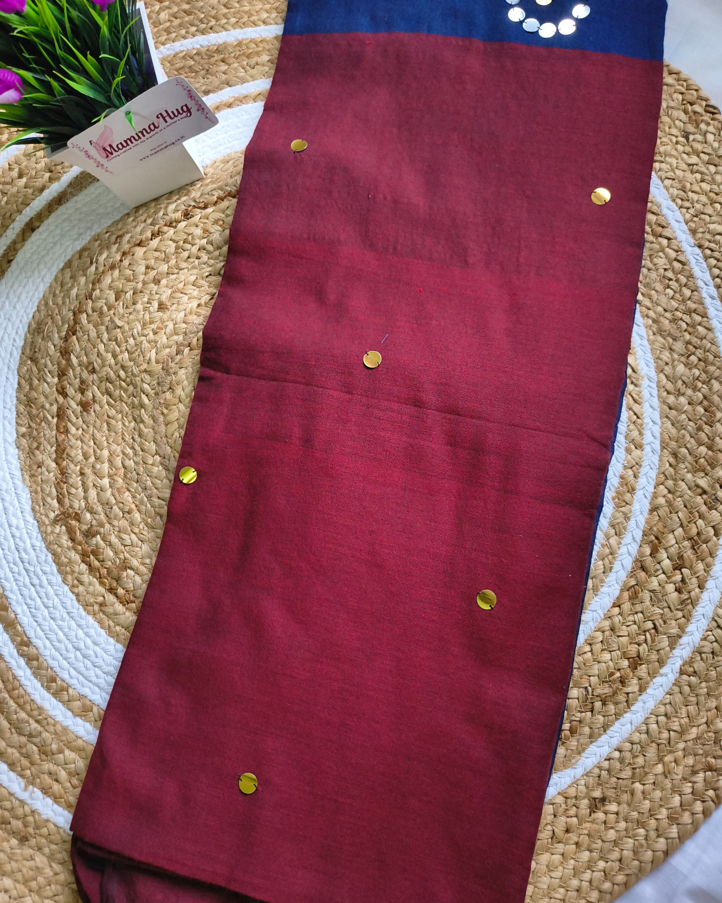 Khadi Cotton Handloom Saree with Mirror design - Dark Blue & Crimson