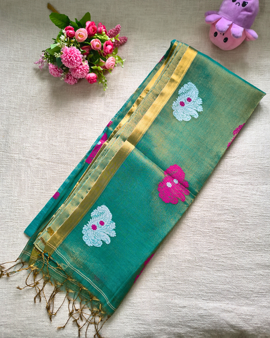 Handloom Tissue Linen with Jamdhani Weaving Buttas - Turquoise