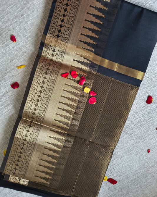 Maheshwari Silk Cotton Saree with Golden Temple Border – Classic Black MammaHug