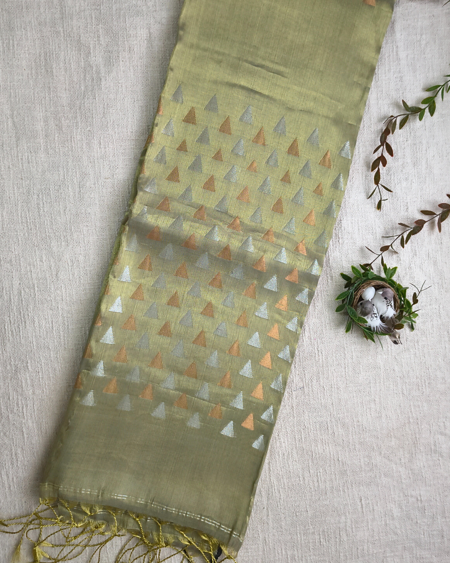 Linen Tissue Saree with Golden Silver Zari weaving - Golden Sage