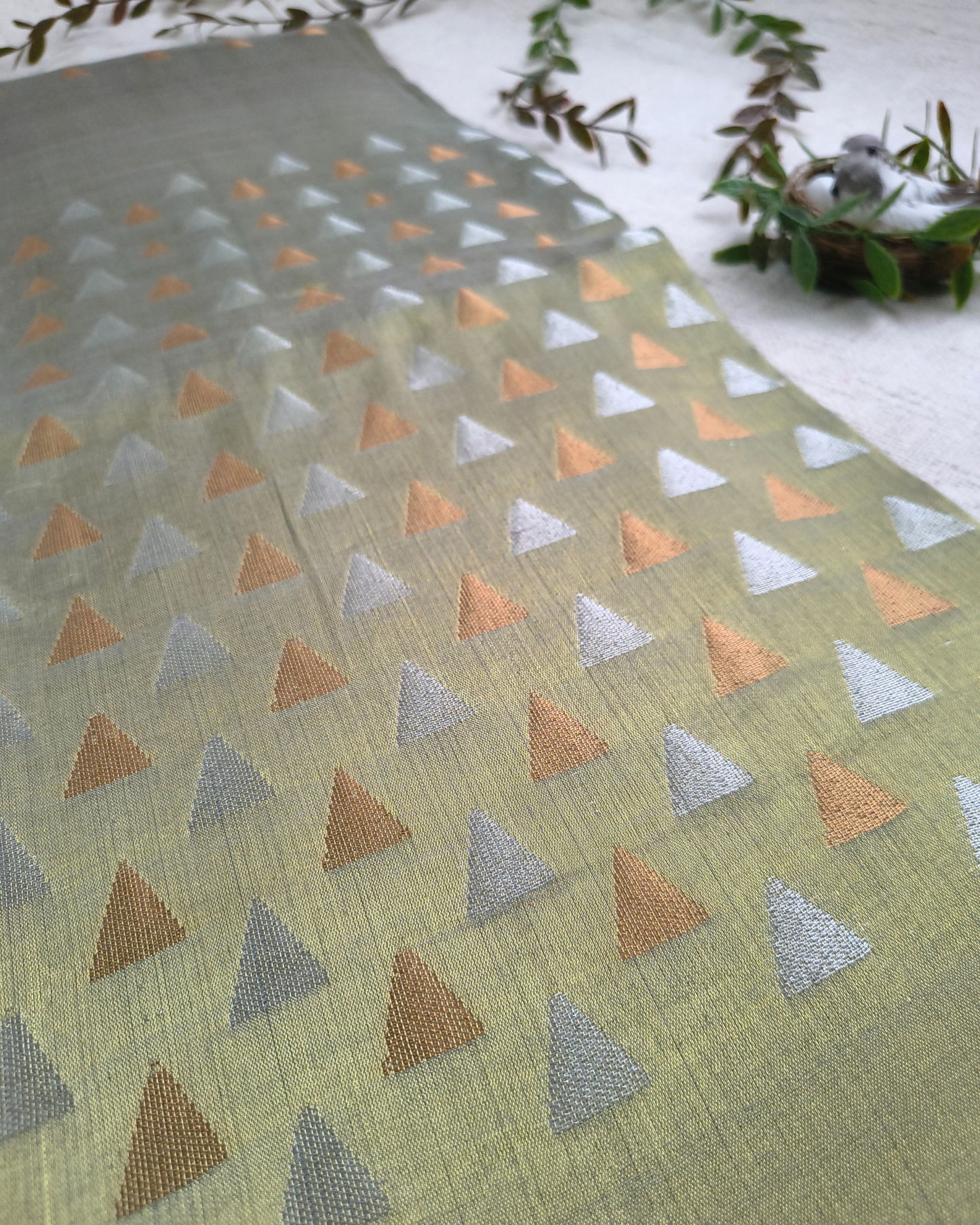 Linen Tissue Saree with Golden Silver Zari weaving - Golden Sage