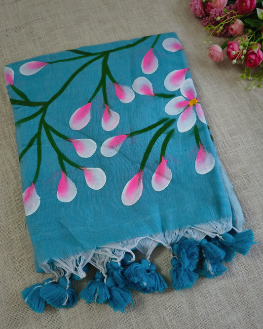 Soft Cotton Handloom Saree with Hand-Painted Floral Design - Sky Blue