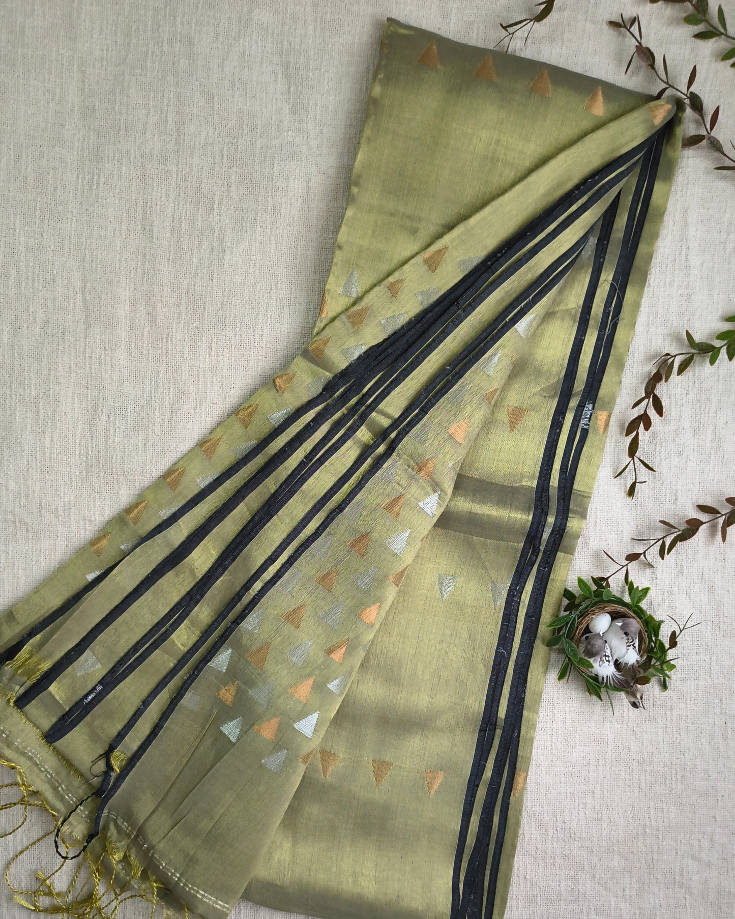 Linen Tissue Saree with Golden Silver Zari weaving - Golden Sage