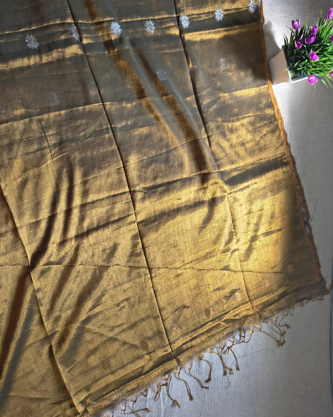 Soft Linen Tissue Saree with Golden Silver Zari weaving - Golden Brown MammaHug