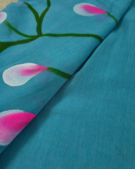 Soft Cotton Handloom Saree with Hand-Painted Floral Design - Sky Blue