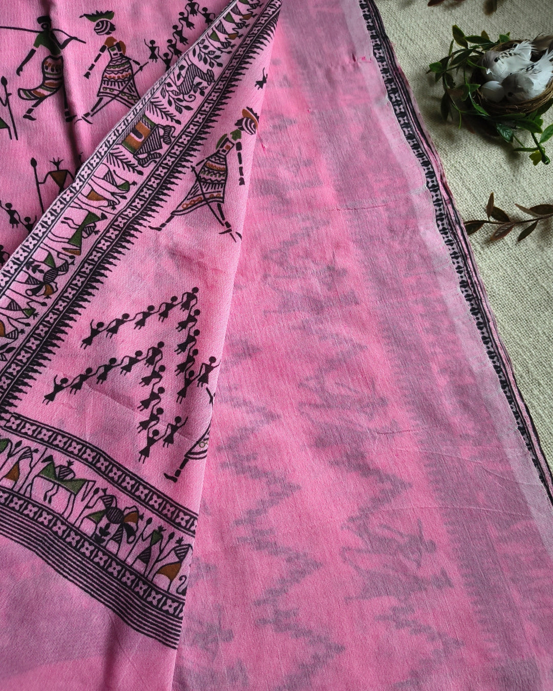 Khadi Cotton Handloom Saree - Madhubani Design - Baby Pink