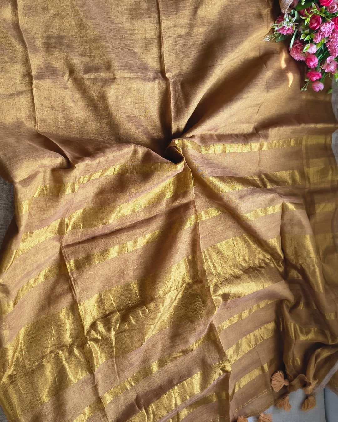 Linen Tissue Saree Plain - Golden MammaHug