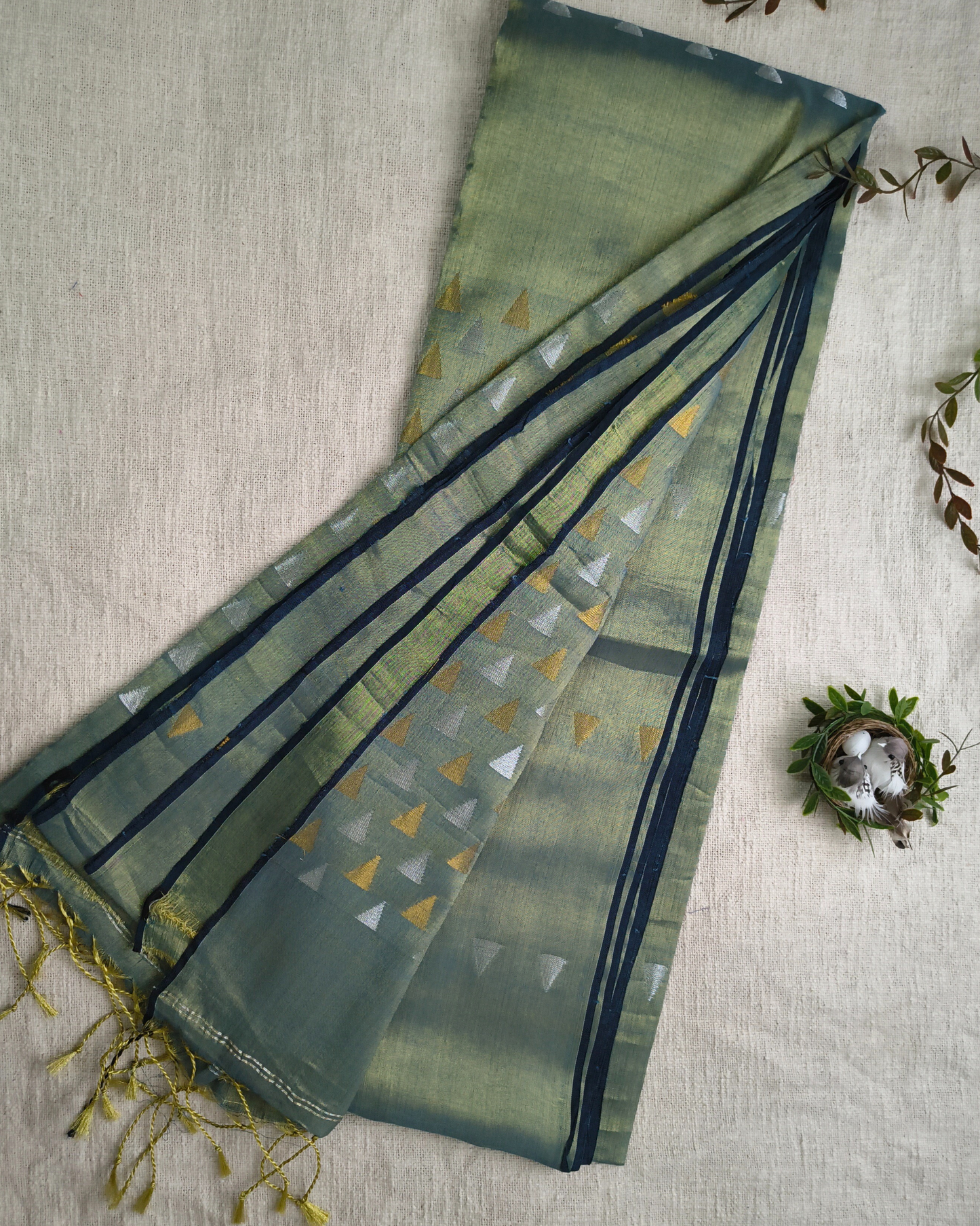 Linen Tissue Saree with Golden Silver Zari weaving - Gray Olive