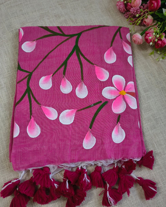 Soft Cotton Handloom Saree with Hand-Painted Floral Design - Onion Pink