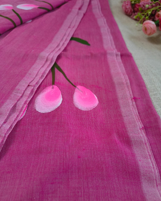 Soft Cotton Handloom Saree with Hand-Painted Floral Design - Onion Pink