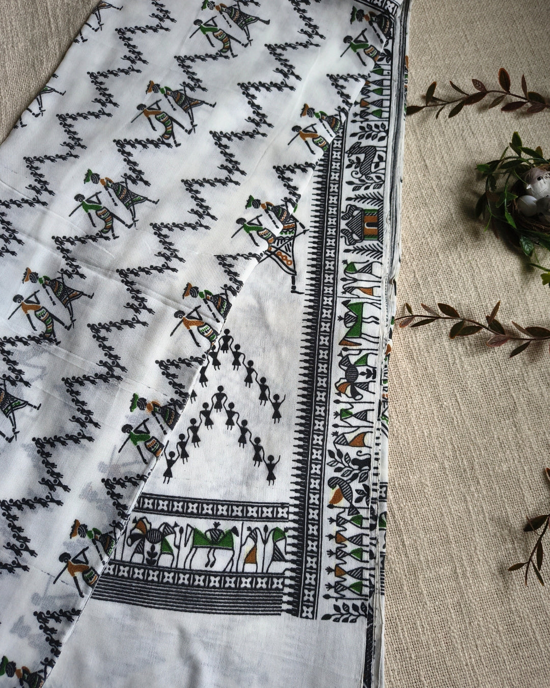 Khadi Cotton Handloom Saree - Madhubani Design - White