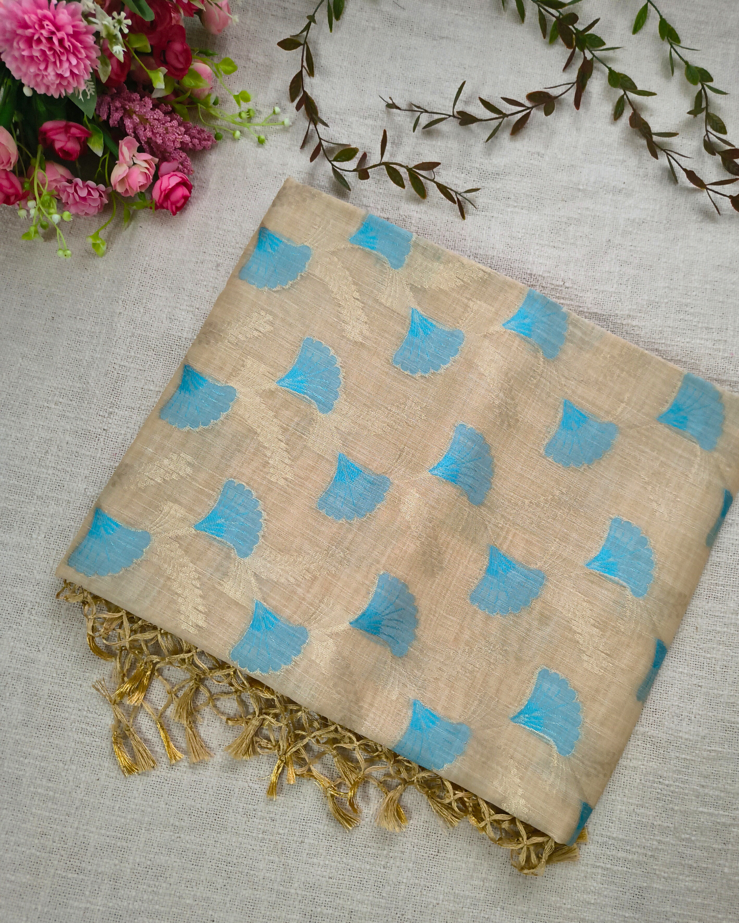 Semi Silk Saree with floral deisgn - Beige & Blue