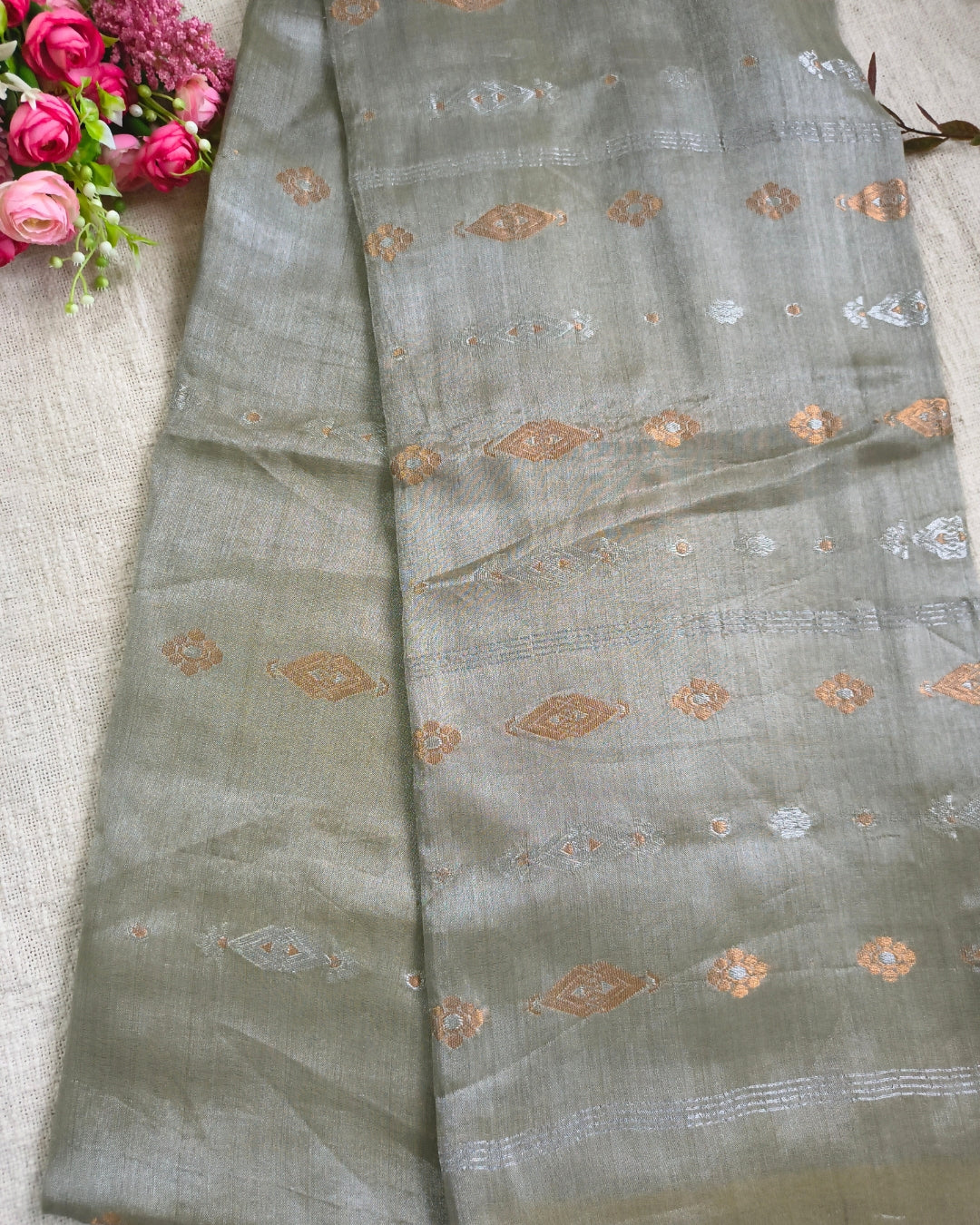 Soft Linen Tissue Saree with Golden Silver Zari weaving - Silver