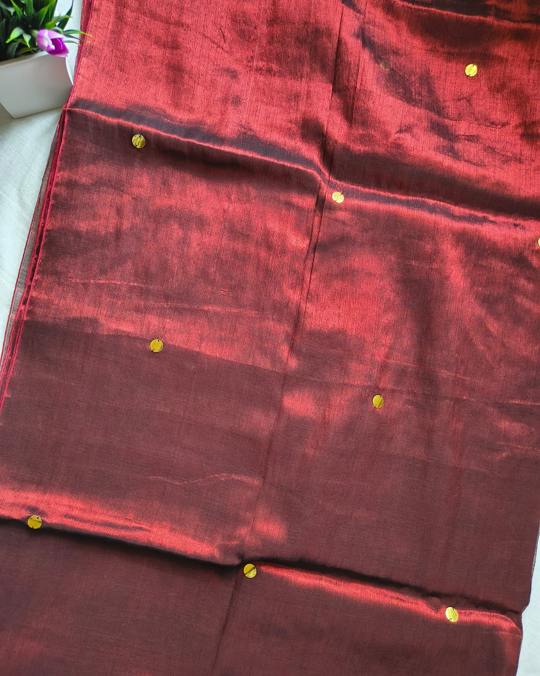 Pure Khadi Tissue Saree with Coin design - Dark Red MammaHug