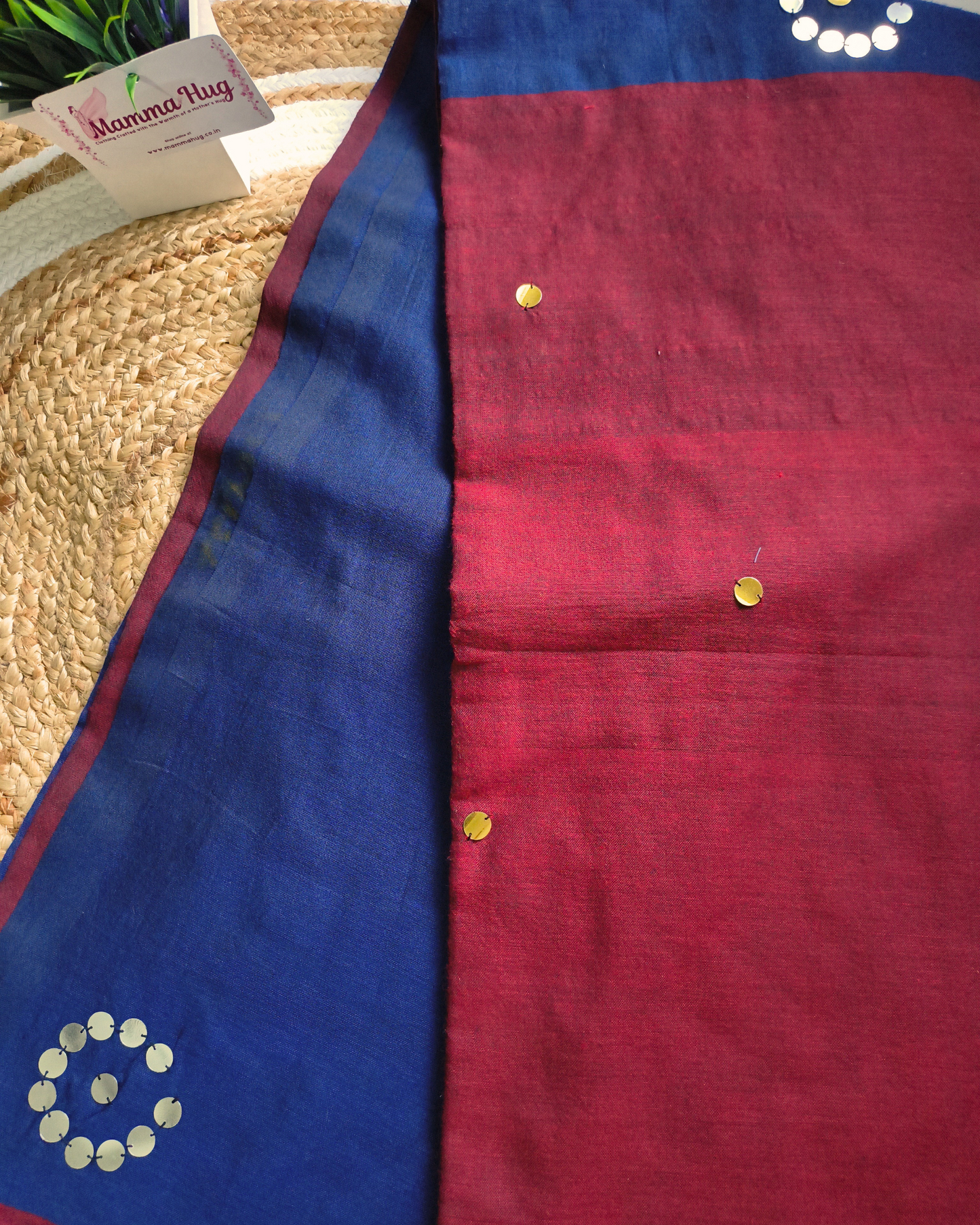 Khadi Cotton Handloom Saree with Mirror design - Dark Blue & Crimson